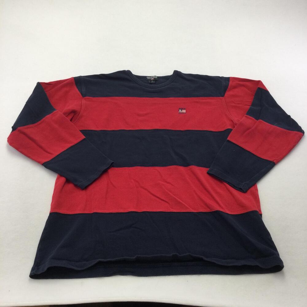 Polo Jeans Co Ralph Lauren Shirt Mens XL Red Navy Striped Crewneck Long Sleeve
